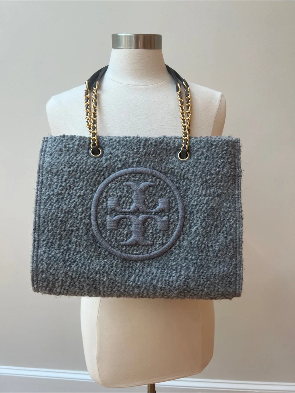 Tory Burch Gray Textured Logo Tote with Gold Chain Straps